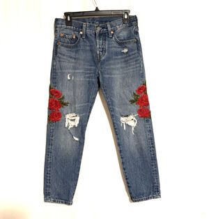 Levis 501 Jeans Womens 28X25 Embroidered Mid Rise Distressed